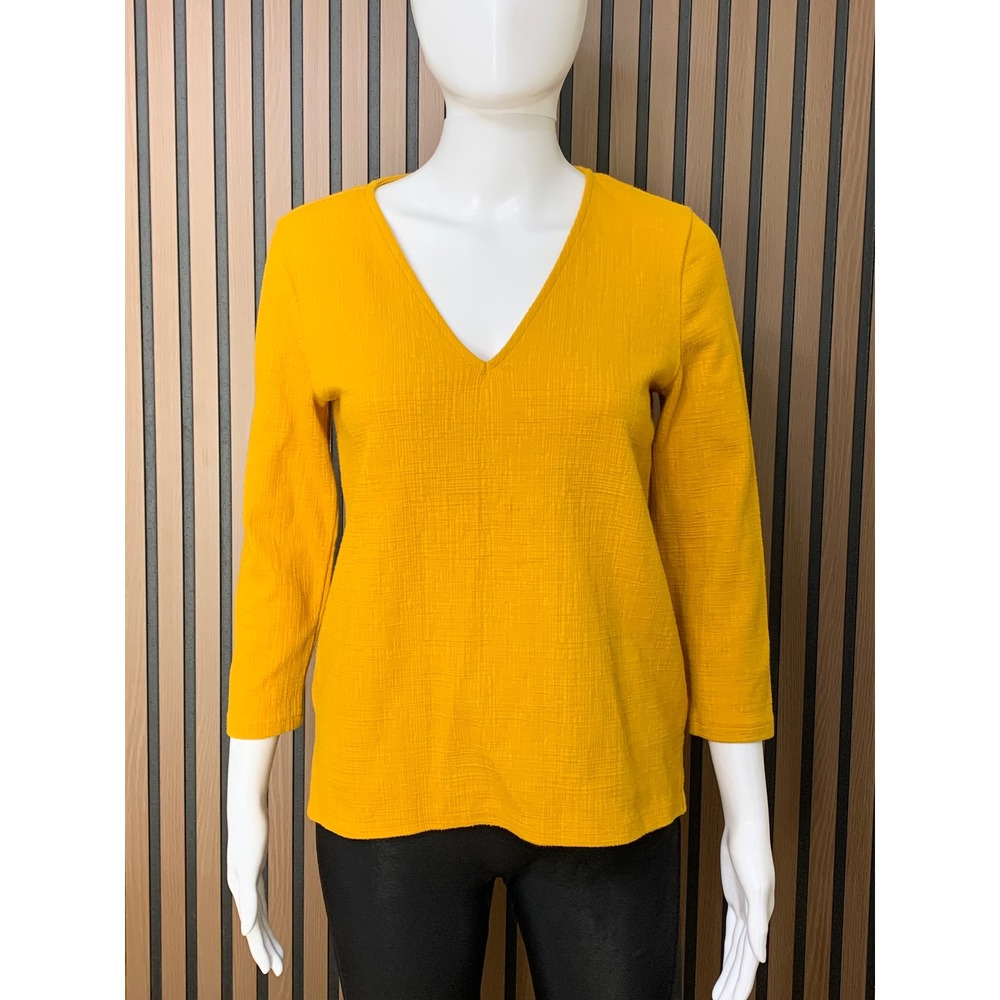 J.Crew Women's Mustard Yellow Textured V-Neck 3/4 Sleeve Top XS Cotton Blend